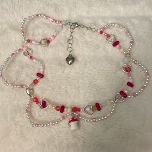 Handmade pink/red silver pearl coquette necklace